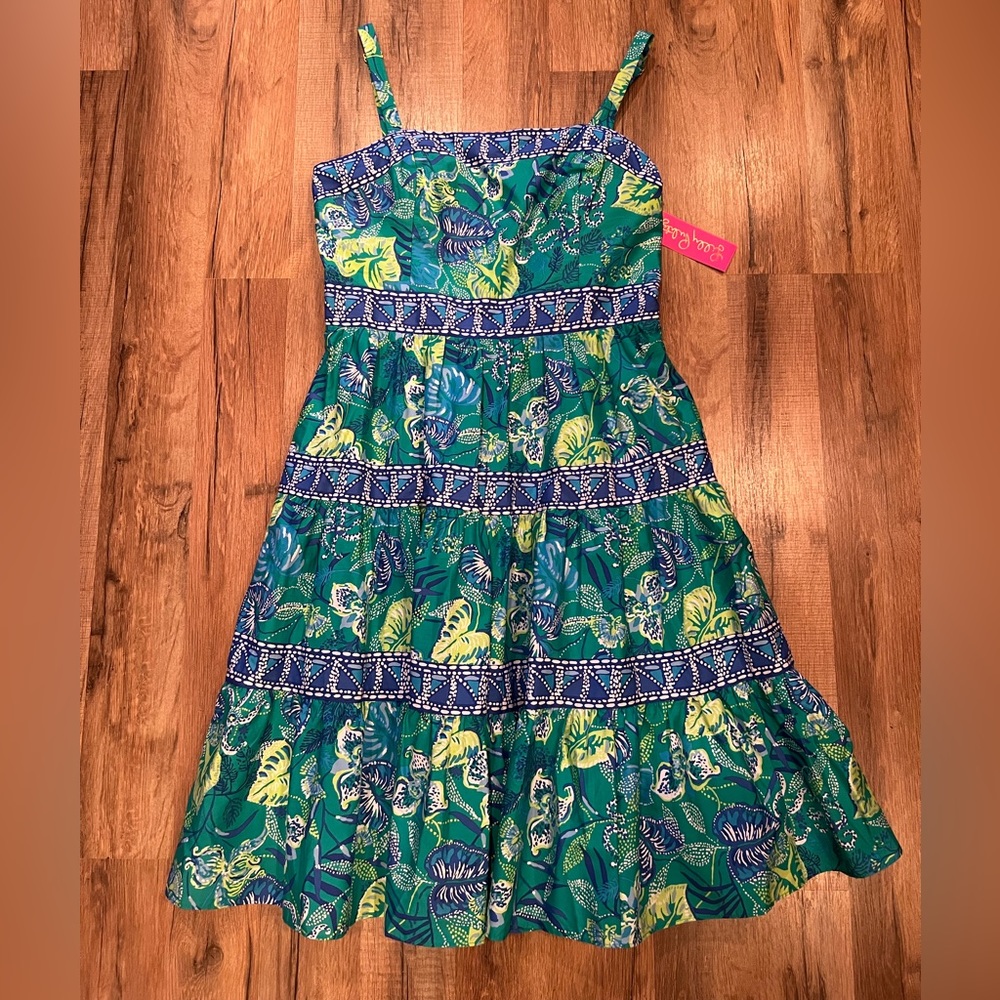 NEW LILLY PULITZER casidee cotton dress in botanical green in a flutter sz 6